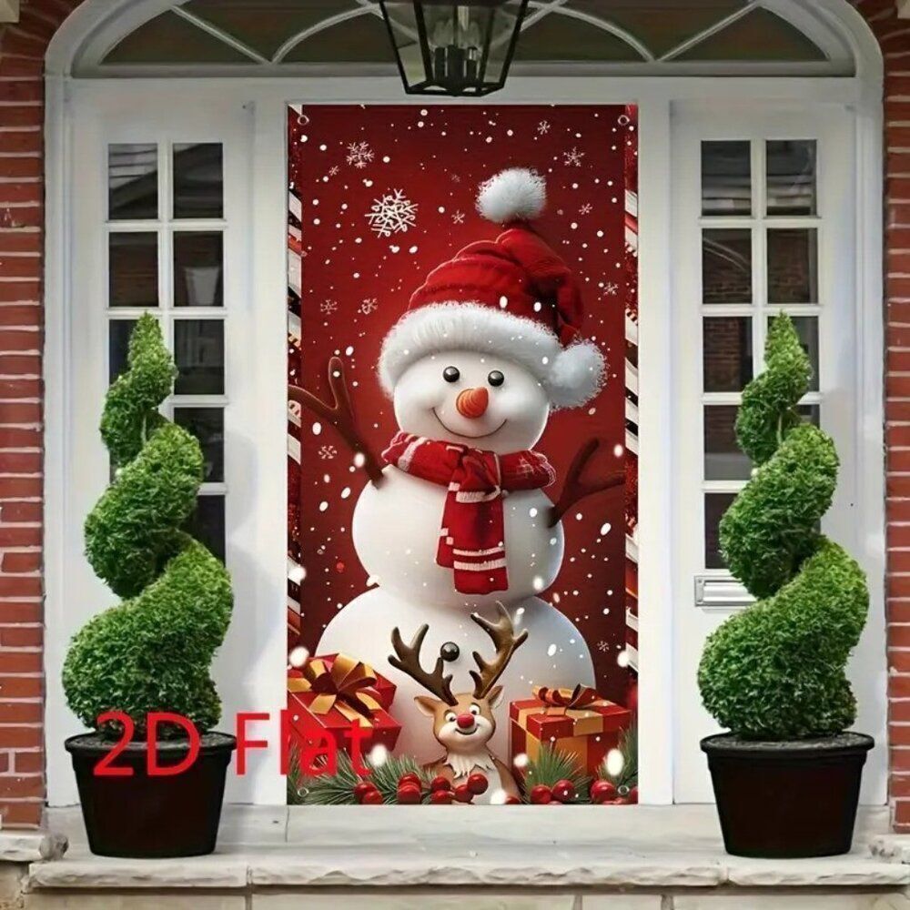 71 x 35 2D Holiday Door Banner Festive Christmas Snowman and Rudolph Reindeer